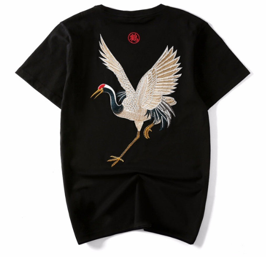 Flying crane embroidery t-shirt