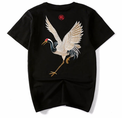 Flying crane embroidery t-shirt