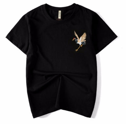 Flying crane embroidery t-shirt