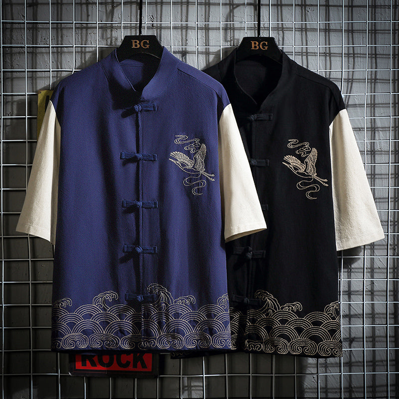 Crane Embroidered Contrast Hanfu