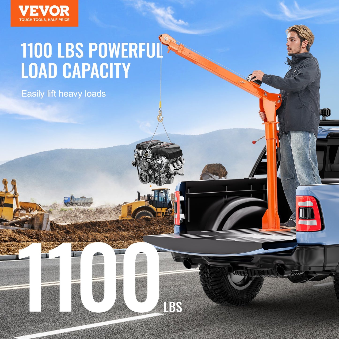 Electric Pickup Truck Crane Hoist Crane 1100 Lbs 360° Swivel Hoist Lift