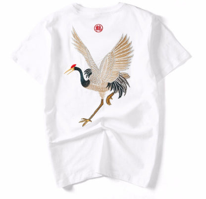 Flying crane embroidery t-shirt